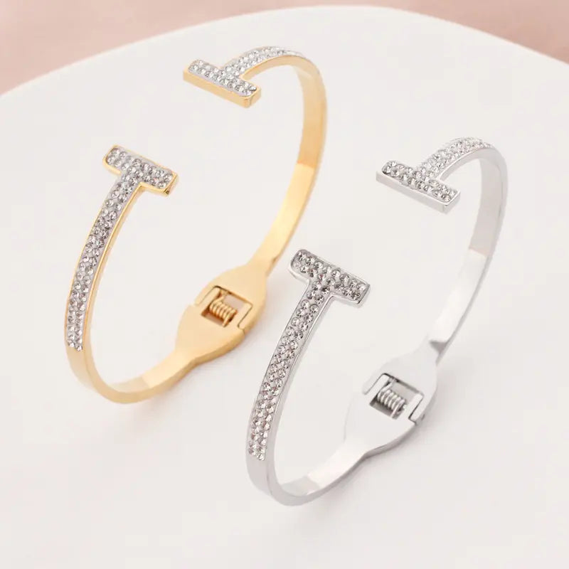 18K Gold Plated Open T Stainless Steel Bangles